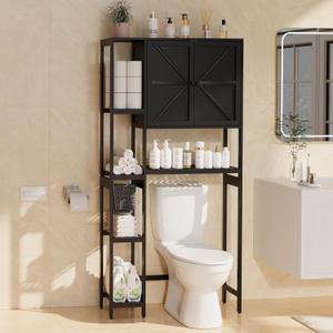 Bamboo Over The Toilet Storage, Above Toilet Organizer Storage Shelf Stand, Tall Freestanding Behind Toilet Rack, Tiered Bathroom Space Saver Shelving, Easy Assembly (Black)