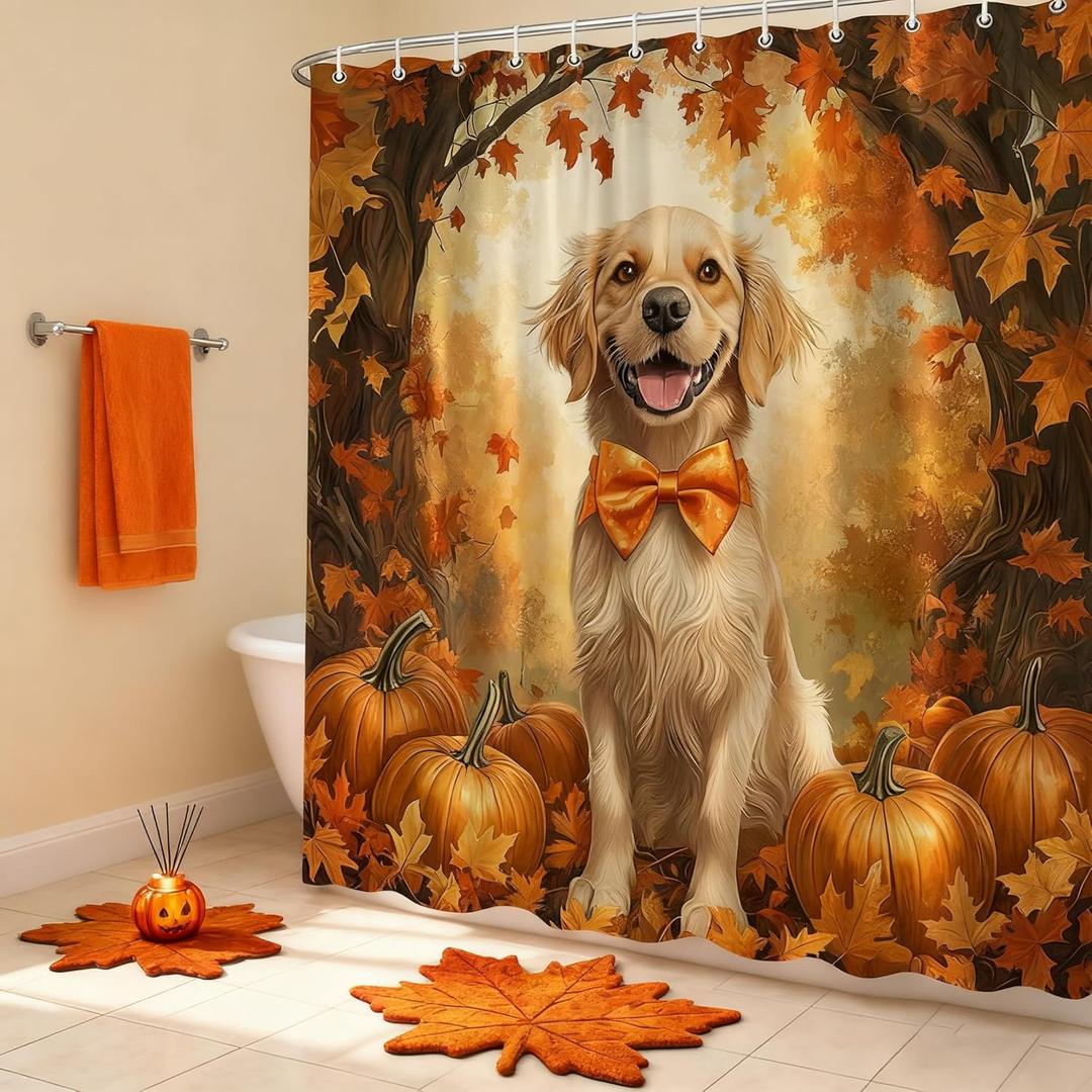 Fall Dog Shower Curtain Rustic Maple Forest Pumpkin Fallen Leaf Country Autumn Natural Landscape Cute Animal Polyester Fabric Bathroom Decor 7070 Inch with Hook (Yellow)