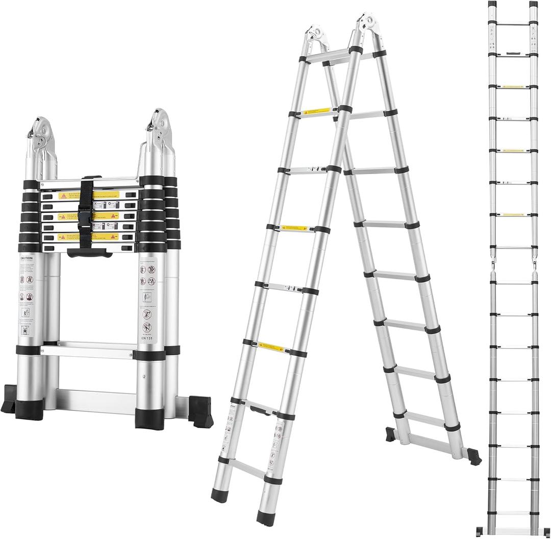 A-Frame Aluminum Telescopic Extension Ladder with Non-Slip Feet, 16.5FT Rv Telescope Foldable Extendable Compact Ladders for House Roof Travel Trailers, Adjustable Retractable, 330lbs Capacity (Silver)