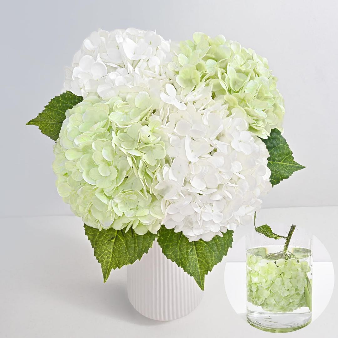 MARTINE MALL 4Pcs 21in Hydrangea Artificial Flowers, Latex Real Touch Hydrangeas Lifelike Large Hydrangea Flowers for Home Decor Party Arrangements Wedding Bouquets Centerpieces (2White&2Light Green)