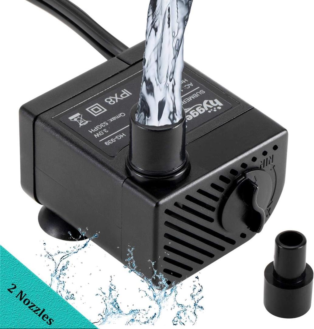 hygger Ultra Quiet 53GPH (200L/H, 3W) Submersible Mini Water Pump Comes with 2 Nozzles, for Aquariums, Fish Tank, Fountain, Hydroponics, Max Lift Height 1.7ft ,120V/60HZ, Power Cord 6ft