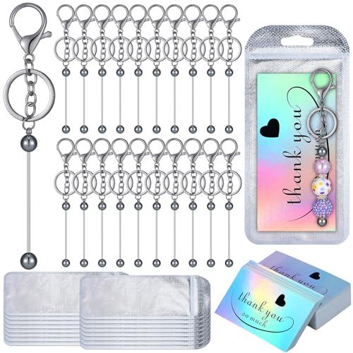 Sasylvia 60 Pcs Beadable Keychain Bars Bulk Making Kit 20 Beaded Keychain 20 Bag 20 Thank You Cards for DIY Keyrings Charms(Gun Black)