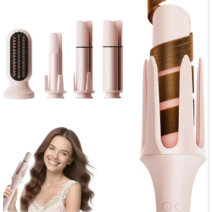 CNV Auto-Rotating Curling Iron with 3 Barrels & Straightener Comb, Anti-Scald, 3 Temp Settings, Travel-Friendly Pink