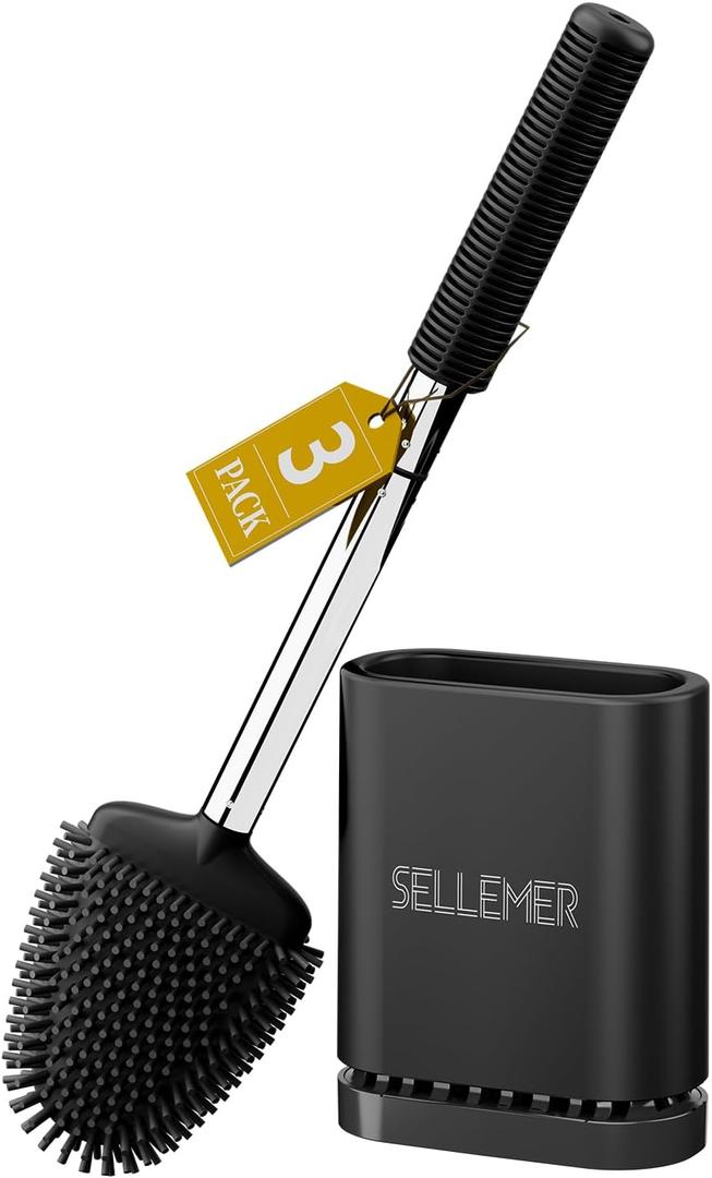 Sellemer Toilet Brush and Holder Set - Flexible Toilet Bowl Brush Head with Silicone Bristles, Compact Size for Storage and Organization, Ventilation Slots Base (Pack of 3, Black)