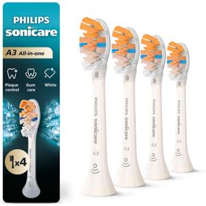 Philips Sonicare A3 All-in-One - Genuine Replacement Electric Toothbrush Heads, White, 4 Pack One Year Supply, HX9094/65