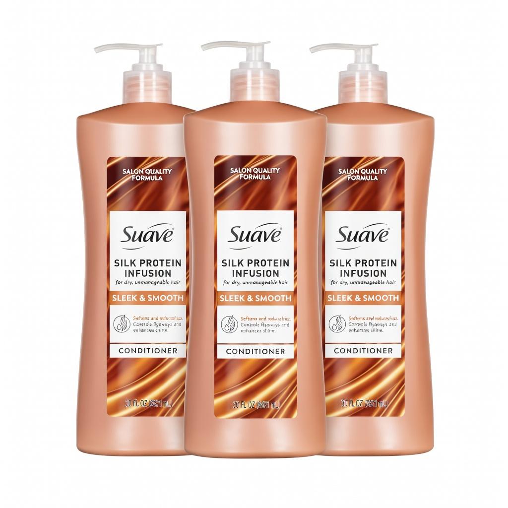 Suave Silk Protein Infusion Sleek & Smooth Conditioner for Dry, Unmanageable Hair, Anti Humidity & 48HR Frizz Control, Enhances Shine & Detangles, 28 FL OZ Pump, 3 Count