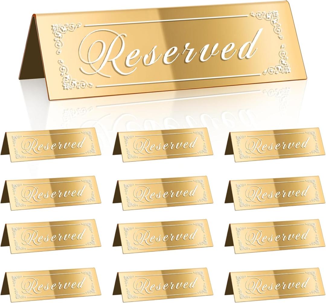 CWJCYTNSN 12PCS Reserved Table Signs, Gold Reserved Signs for Wedding, Acrylic Double-side Mirrored Reserved Seating Sign for Guest Reservation Birthday Party, Event, Restaurant
