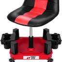 Rolling Shop Stool with Wheels, Adjustable Garage Mechanic Stool Seat Shop Roller Work Chair Mobile Rolling Seat with Tool Tray, 2 Cup Holders, 4" Casters, 350 LBS, Heavy-Duty, Red