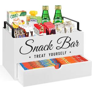 Snack Organizer for Countertop, Wood Pantry Storage Bins with Handles, Snack Organizer for Pantry, Kitchen, 4 Compartment Food Container Snack Box with Drawer, Pantry Organizer for Snacks, Chips