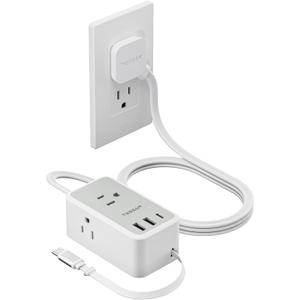 TESSAN Small Flat Plug Power Strip, Ultra Thin Extension Cord 5 ft, 3 AC Outlets 3 USB (1 USB C), 1 Retractable USB C Cable, Multiple Wall Outlet Extender for Cruise Travel Dorm Room Essentials (Gray)