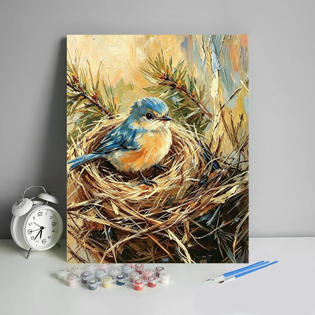 HULDFRDA Paint by Number Birds, Cute Bluebird in Pine Tree Nest Oil Painting by Number Kits for Adults, Room Wall Decor Arts, 16x20 Inch