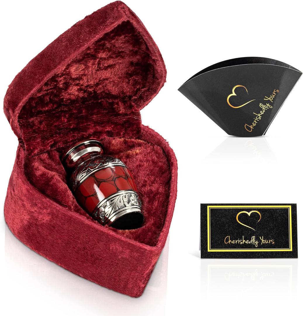Small Keepsake Cremation Urns for Human Ashes with Velvet Heart Case and Funnel - Crimson : Deep Red Brass Hand Engraved Mini Memorial Urn
