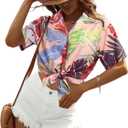 Women Hawaii Shirts: Soft Cool Floral Tropic Print V Neck Summer Tops Short Sleeve Button Up Tops T-Shirt (XL)