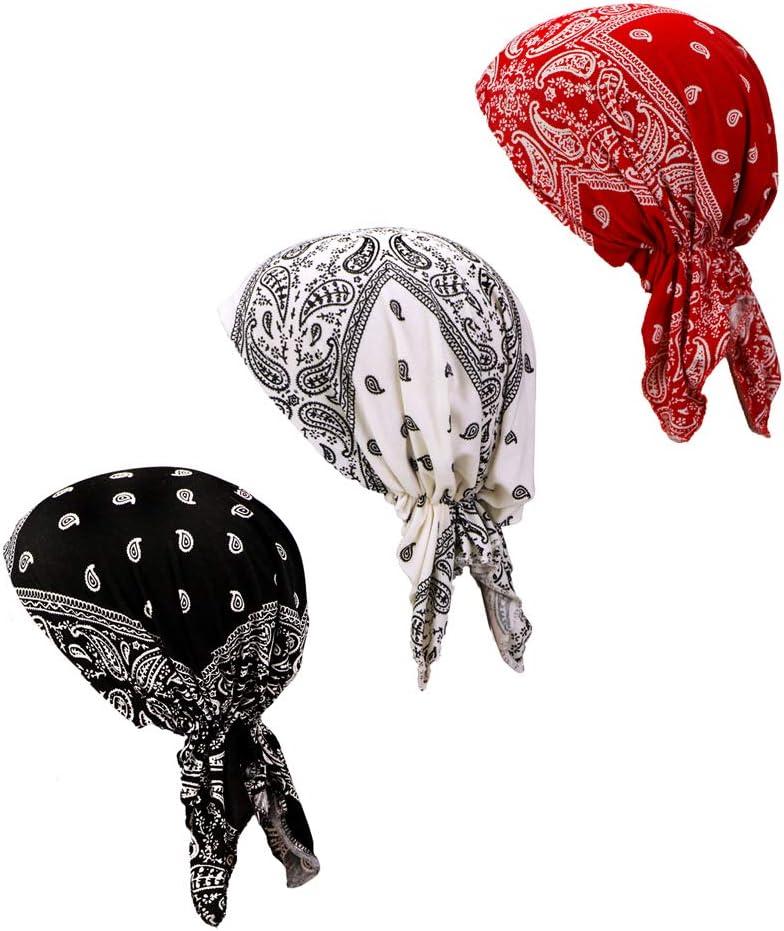 Pre Tied Chemo Head Scarf 3 Packed Beanie Skull Cover Cap for Women (Set6-Long Style)