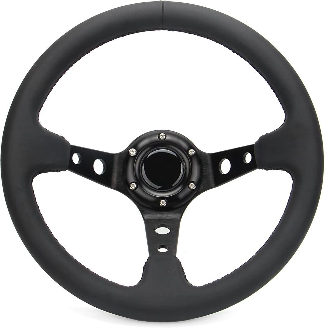Universal 6 Bolts Racing Steering Wheel 320mm 12.5" Black Genuine Leather Grip Aluminum Frame Deep Dish Sports Drifting Steering Wheel with Horn Button
