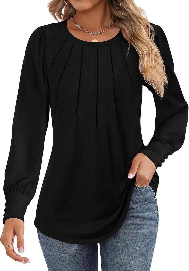 Ficerd Women's Puff Long Sleeve Tunic Tops Pleated Crew Neck Blouses Dressy Casual Shirts 2025 Trendy Clothing (Black, S)