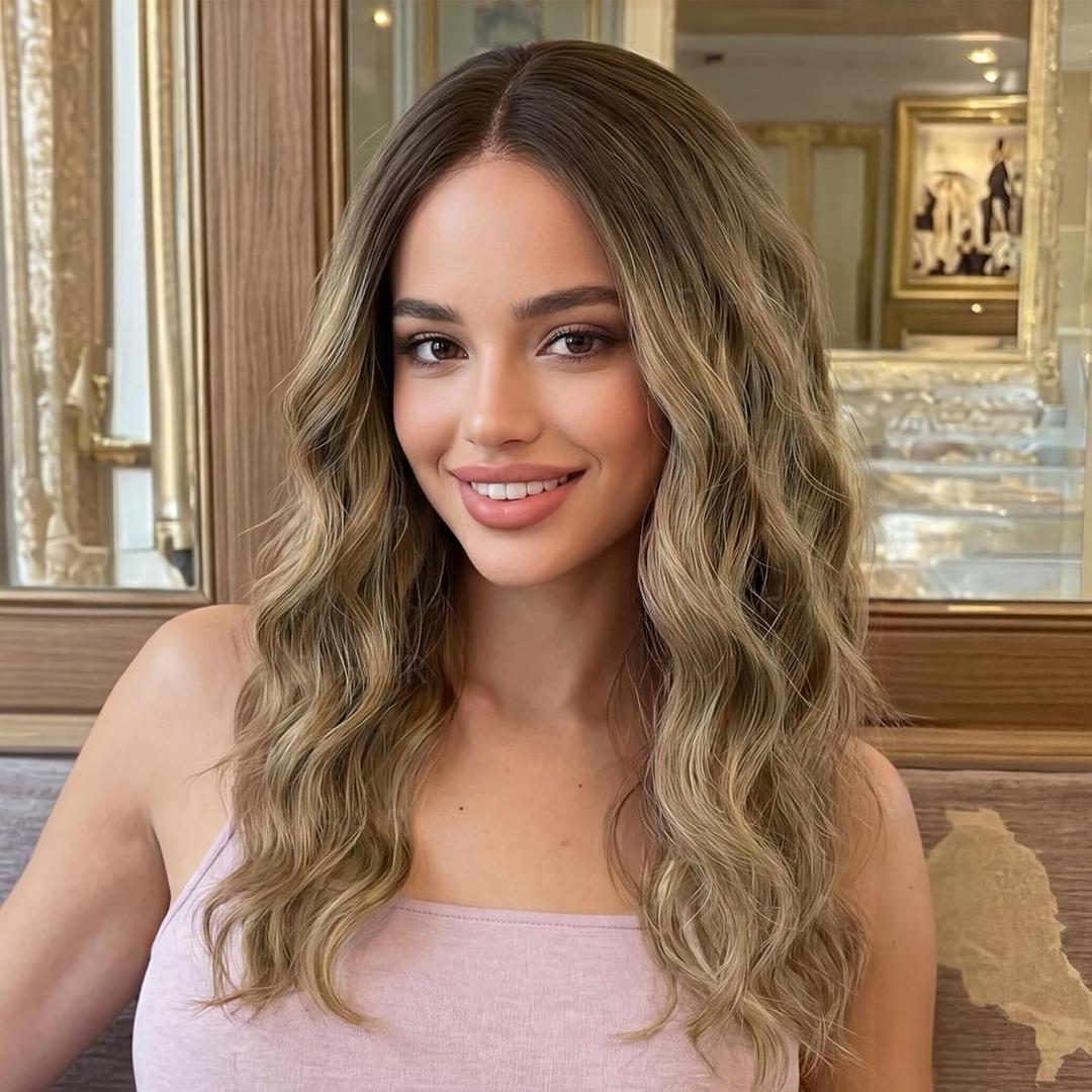 AISI HAIR Wig for Women Medium Length Wave Curly Glueless Synthetic Heat Resistant Hair Wigs for Daily Party Cosplay (Ash Brown Balayage, 18 inch)