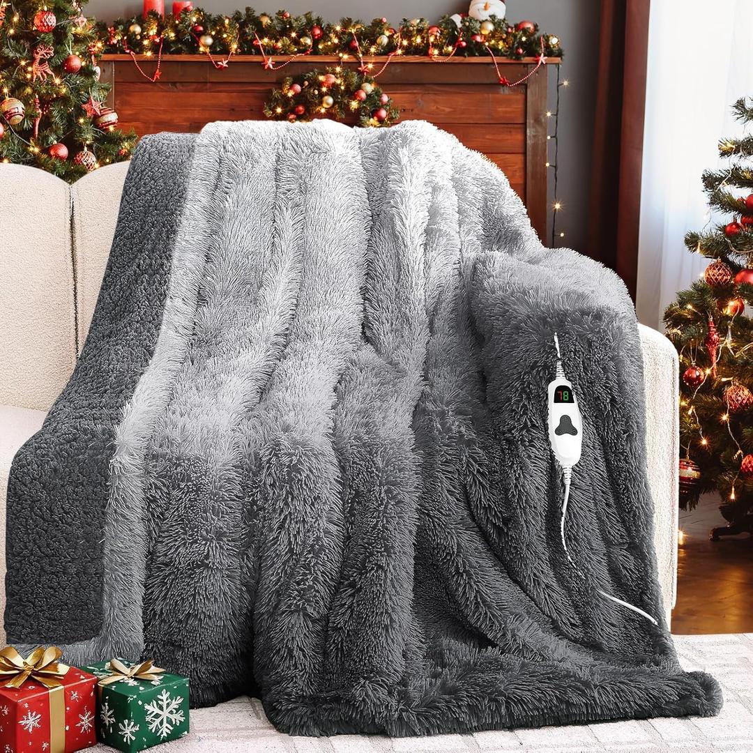 RUJIPO Heated Electric Blanket ThrowFaux Fur with Soft Thick Sherpa,Warm Winter Birthday Gifts for Women Grandma10 Heat Settings,5 Time Settings with Fast Heating, 50x60, Foggy Dusk