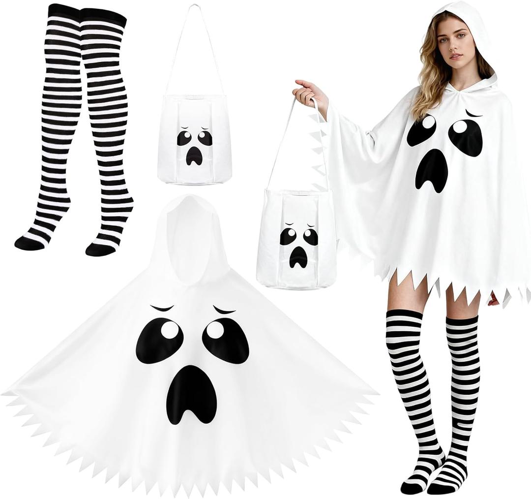 3 Pcs Ghost Costume Adult with White Hooded Poncho Candy Bag Nylon Striped Tights Ghost Costume Women for Halloween Cosplay Party