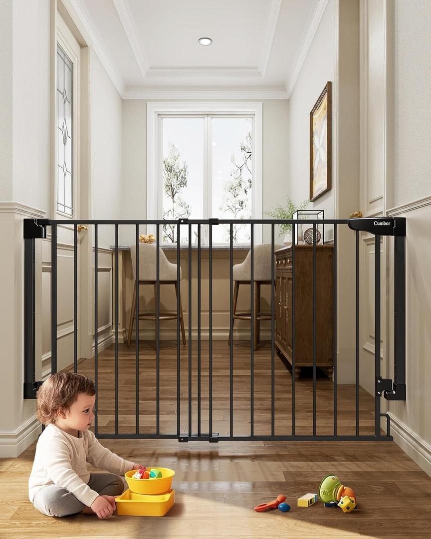 Cumbor 27.6-43" Baby Gate for Stairs, Mom's Choice Awards Winner-Dog Gate for Doorways, Auto Close Safety Pet Gate for Dogs Indoor, Easy Install Pressure Mounted Child Gate with Walk Thru Door, Black 