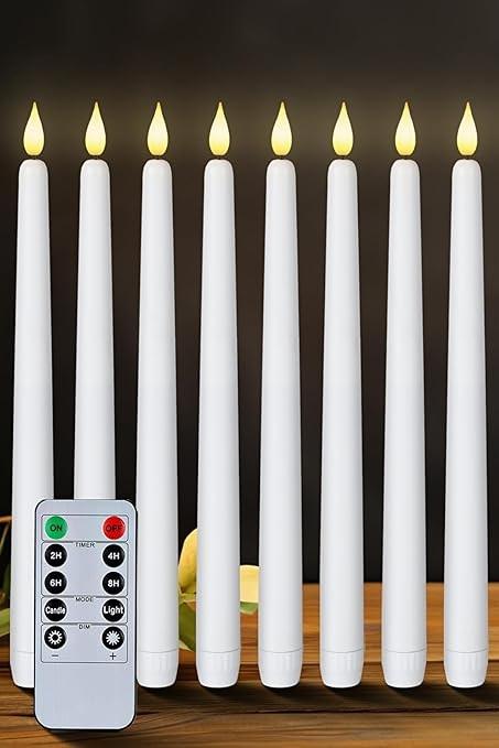 Homemory 8 Pcs Flameless Taper Candles with Remote Timer Dimmer, 11 inches White LED Taper Candles, Plastic Battery Operated Candlesticks with Flickering Flame for Halloween Christmas Wedding Party