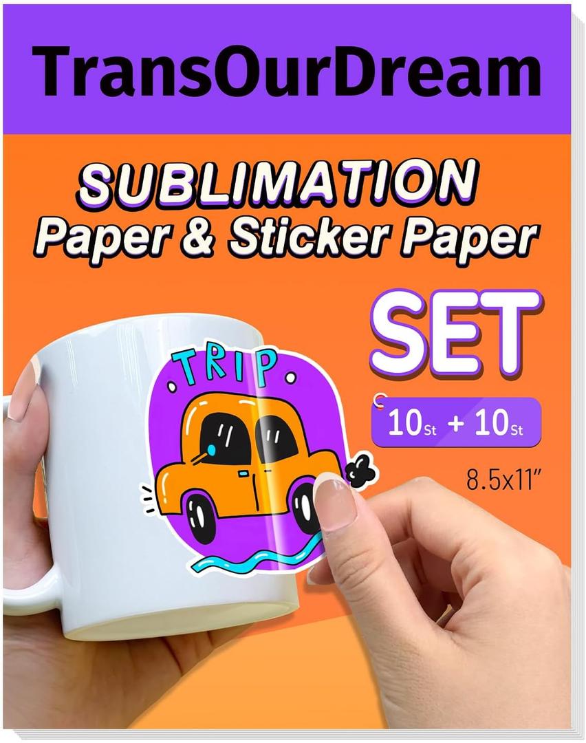 TransOurDream Sublimation Sticker Paper-10 Pcs +Sublimation Paper-10Pcs Glossy White Waterproof Sublimation Stickers 8.5x11 inch for Sublimation Inkjet Printer and InkWhite Sublimation Sticker Paper