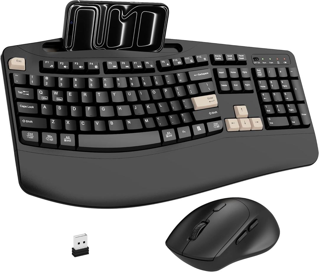Wireless Keyboard and Mouse Combo, 2.4G Full Size Wave Keys Ergonomic Keyboard with Wrist Rest, Phone Holder, 3-Level DPI Wireless Silent Mouse with 6-Buttons, for Windows (Latte Black)