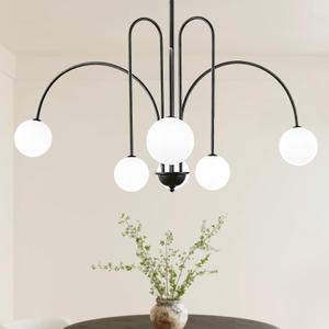 Modern Black Chandelier, 6-Light Sputnik Globe Chandelier, 40" Large Mid Century Glass Pendant Light Fixture for Foyer, Entryway, Dining Room, Kitchen Island, Living Room, Bedroom (Black (with White Lampshade))