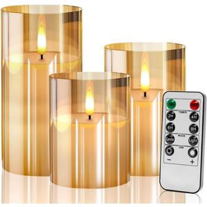 Gold Glass Flameless Candles Flickering with Remote, Timer, Battery Operated Moving Wick Realistic Warm Light Real Wax LED Candles for Party, Wedding, Festival Tabletop Decoration - Set of 3