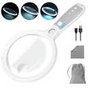 Large Magnifying Glass with 37 LED Light, 10X 20X 45X Handheld Illuminated Lighted Magnifier with 3 Light Modes Rechargeable Magnifying Glass for Seniors Reading, Inspection (White & Grey)