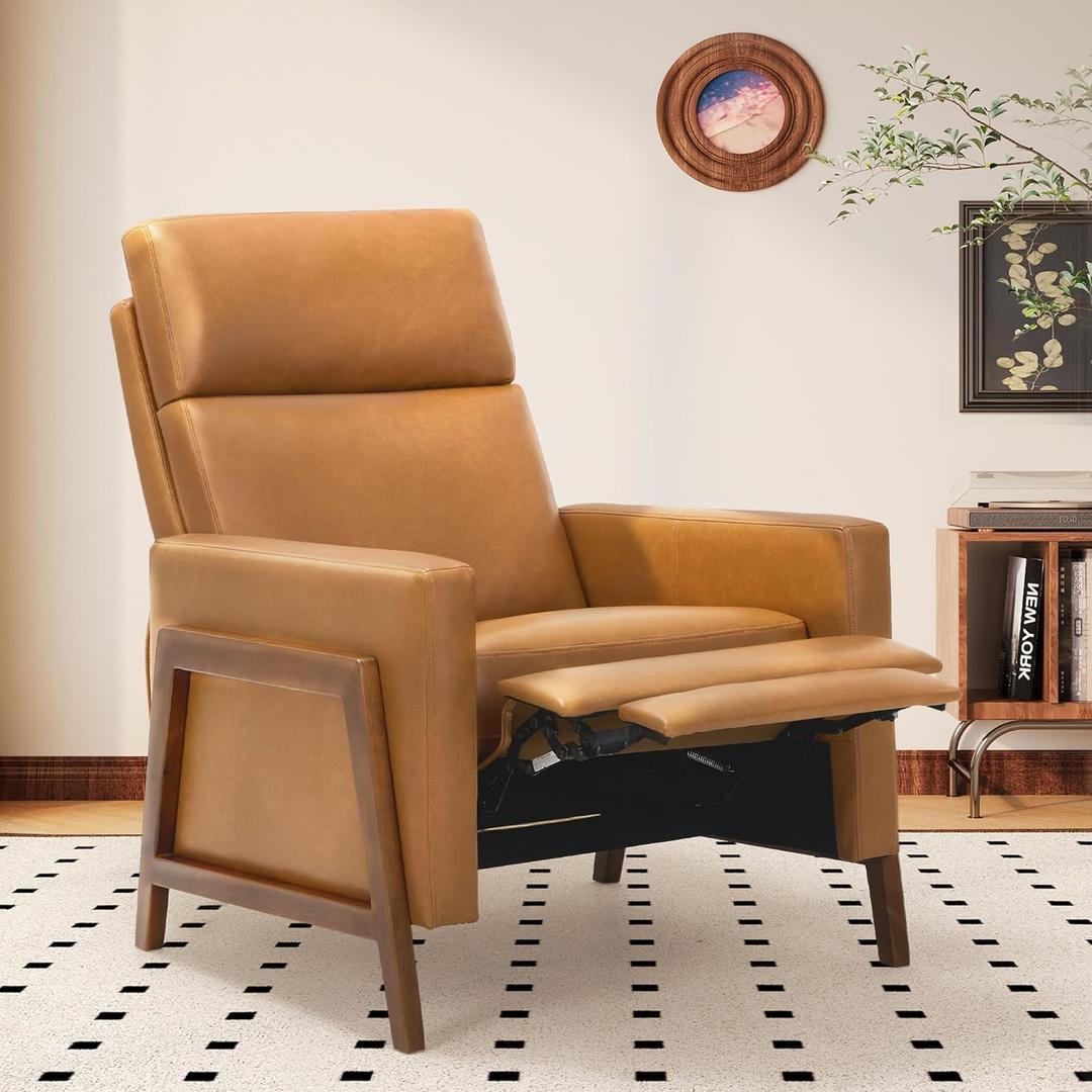 COLAMY Push Back Recliner Chair, Upholstered Leather Recliner with Footrest 118-150 Degree Adjustable, Comfy Modern Wingback Recliner for Living Room, Bedroom,Small Spaces,Camel (Set of 1)
