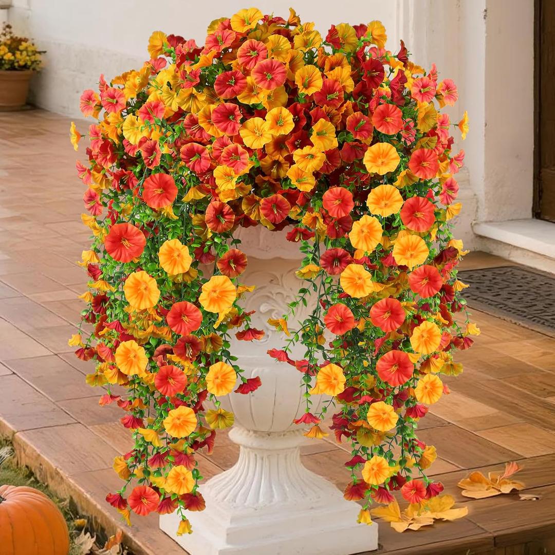 Artificial Fall Hanging Flowers for Outdoors, 2Pcs Faux Silk Fake Morning Glory Mums for Autumn, UV Resistant Realistic Plants for Home Garden Porch Patio Balcony Planter Yard (2Pcs Fall 2 Colors)