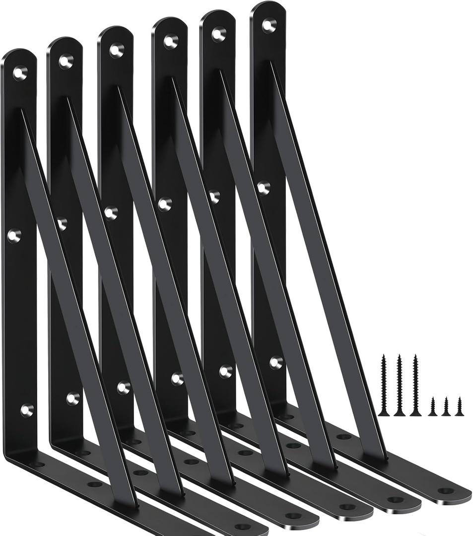 6 Pack L10 x H 8" Black Heavy Duty Shelf Brackets with Screws Metal Shelf Brackets Shelf Support Angle Brackets for Shelves L Brackets Heavy Duty Floating Shelf