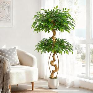 5ft Large Ficus Artificial Trees in White Pot, 60" Tall Fake Silk Tree with Natural Curved Trunk, Lush Faux Ficus Tree for Indoor Home Decor, Living Room, Office & Patio