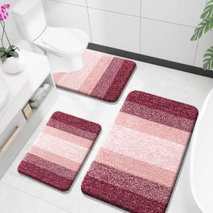 OLANLY Bathroom Rugs Sets 3 Piece, Soft Absorbent Microfiber Bath Mats and U-Shaped Contour Toilet Rug, Plush Shaggy Bath Mat Set for Bathroom (36"x24"+24"x16"+24"x20", Red)