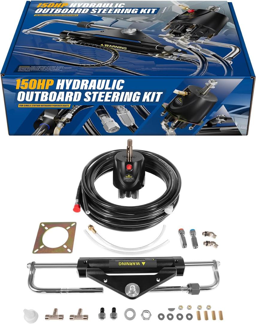 150HP Hydraulic Outboard Steering Kit Boat Marine System for Single Station, Single-Engine use Built-in Two-Way Lock Cylinder, 150HP Pump and High-Strength Nylon Hose