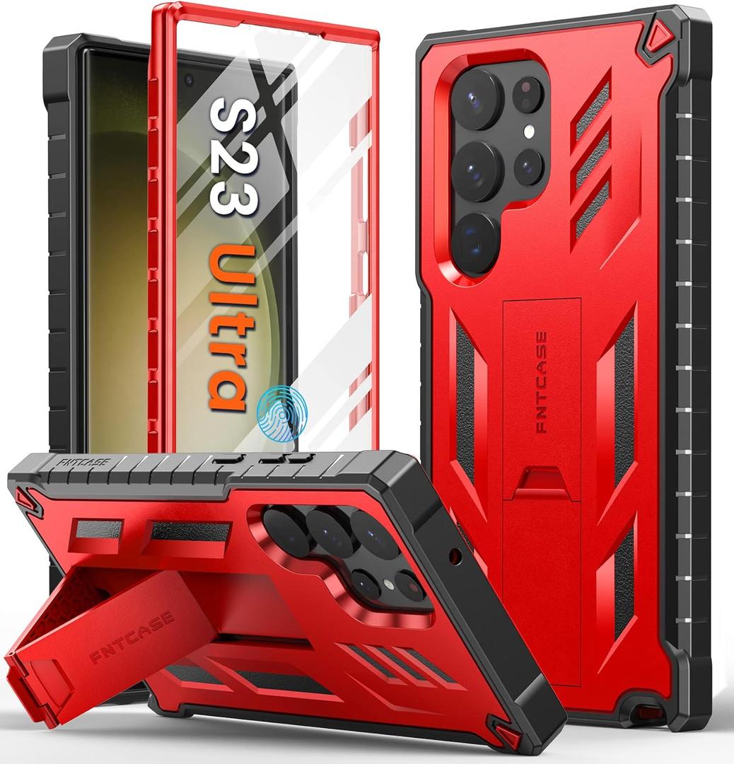 FNTCASE for Samsung Galaxy S23-Ultra Case: Military Grade Drop Proof Protection Mobile Cover with Kickstand | Matte Textured Rugged Shockproof TPU | Protective Sturdy Phone Case - Red