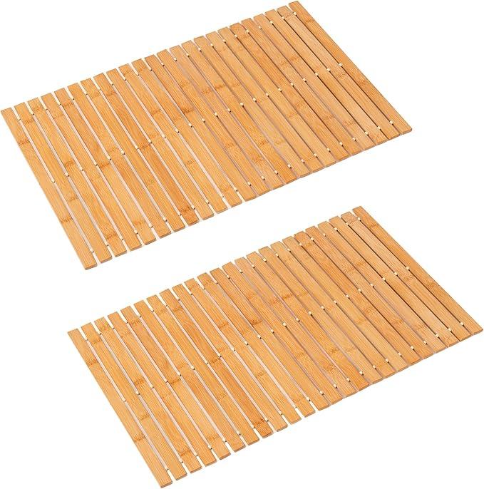 Fovlaurs Bath Mat Bathroom Rugs Floor Wood Shower Bathtub Waterproof Non Slip Natural Accessories 16x24 Inch Easy to Clean, 2 pcs