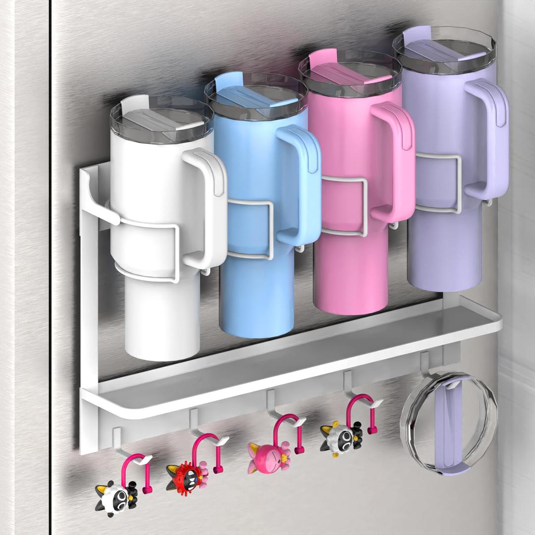 EASTTOWEST Magnetic Cup Storage Organizer Holder for Stanley 30/40 oz Tumbler,Strong Magnetic Rack for Fridge (White, 4CUPS)