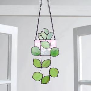 Handmade Stained Glass Succulent Plant Window Hanging, Tiffany Style Indoor Wall Window Panels Decor, 10.47 * 5.1 inch (Light Green)