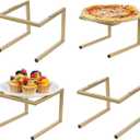 MyGift Premium Brass Tone Metal Pizza Pan Riser Stand, Square Tube Racks Restaurant Buffet Tabletop Food Platter Serving Tray Display Risers for Party, Set of 4