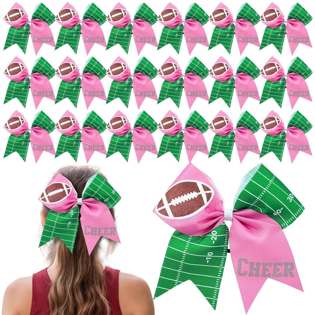 20 Pcs Football Cheer Bows 7" Glitter Cheerleading Bows with Elastic Hair Ties Sparkly Cheer Hair Bow Ponytail Holder Football Accessories for Cheerleaders Competition Sports(Pink)