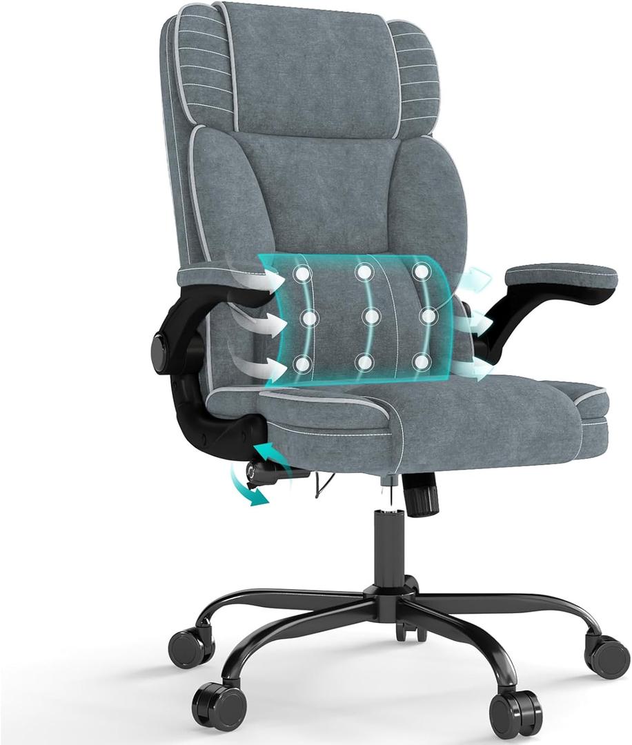 Big and Tall Office Chair with Adjustable Lumbar Support,Breathable Fabric High Back Desk Computer Chair with Adjustable Flip-up Armrests,Ergonomic Swivel PC Chair with Rocking Function (Grey)