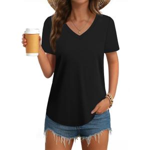 GKBK Womens T Shirts V Neck Short Sleeve Cotton Tops Summer Curved Hem Trendy Basic Tee Shirt (Black, M)