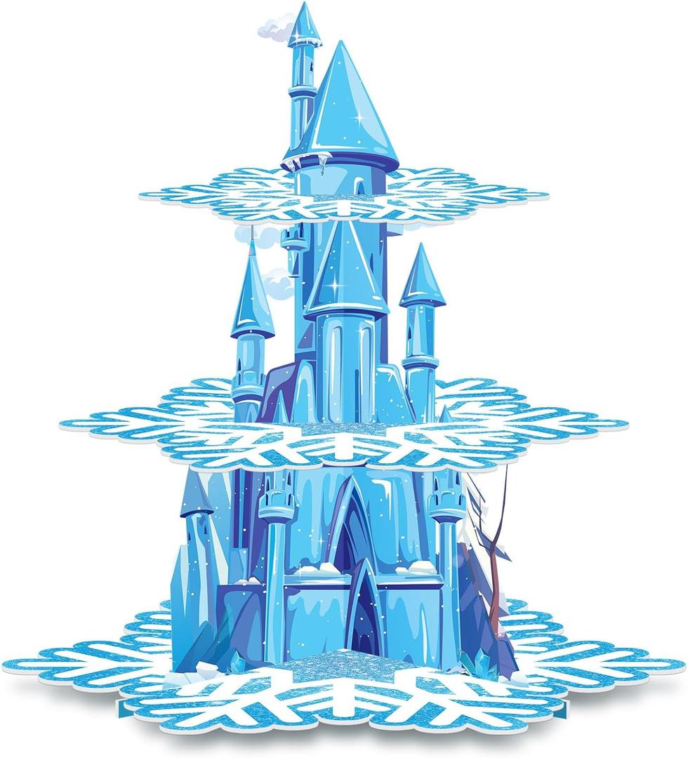 BenLouis 3 Tier Frozen Cupcake Stand - Frozen Birthday Party Supplies Winter Wonderland Baby Shower Cake Table Decoration Snowflake Cupcake Holder for Girl Kids Winter Blue Princess Party Favor
