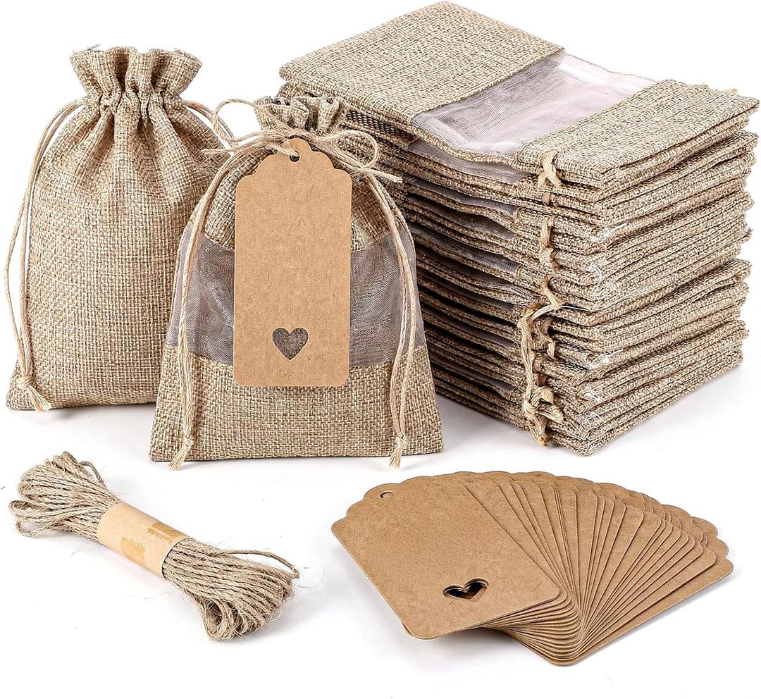 Nodaaiie 50 Pcs 5 x 7 Inch Burlap Bags with See-Through Window & Bonus Cards, Natural Jute Burlap Sack Drawstring Gift Favor Pouches for Wedding Party Favors Jewelry Samples