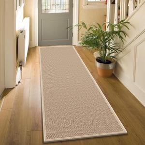 7ft Natural Jute Hallway Runner Rug Non Slip Washable, Rubber Backed Long Khaki Indoor Entryway Runner, Absorbent Kitchen Carpet Sink Rug