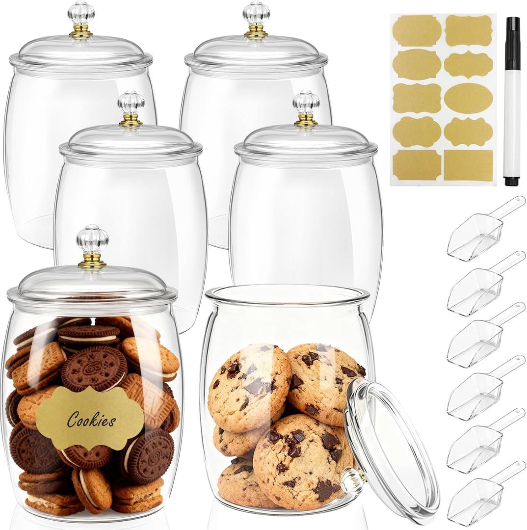6 Pcs Candy Jars with Lids,Plastic Cookie Storage Jar Airtight Food Storage Containers Includes 6 Spoons + Label Stickers & Pen, 2.2L Clear Apothecary Jars for Kitchen Counter