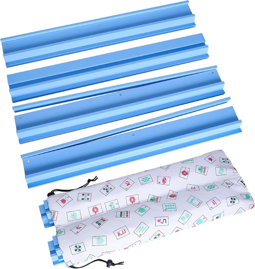 LUMIVIA Mahjong Racks with Pushers, Blue Wooden American Mahjong Tile Pushers and Racks Set of 4, with White Printed Mahjong Racks Drawstring Bag, Mahjong Accessories (19.68 Inches)