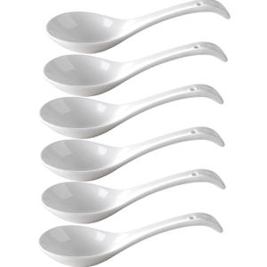 Ceramic Asian Soup Spoons, Set of 6 - Large Deep Oval Japanese Spoons for Ramen, Pho, Wonton, Miso & Noodles, White Chinese Soup Spoons